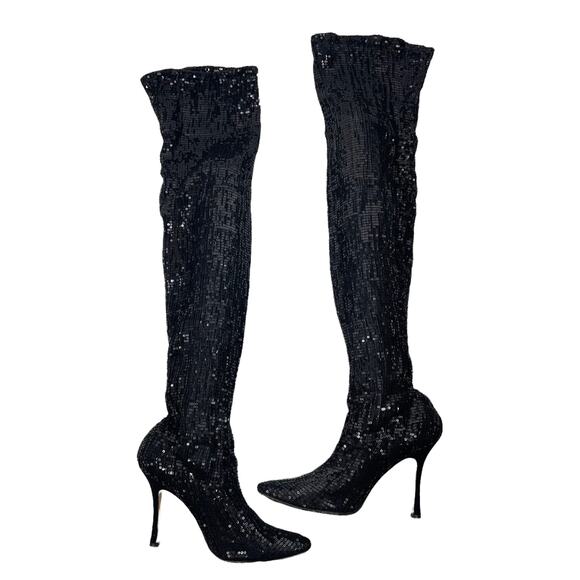 Manolo Blahnik Sequined Pascalare Over the Knee Boots Black Size 37.5 - Picture 6 of 12
